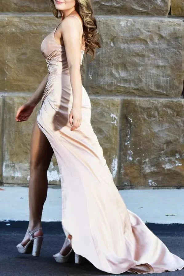 Vestidos formales con tirantes finos, sin mangas, corte sirena, vestido de fiesta dividido / Tienda de vestidos de fiesta